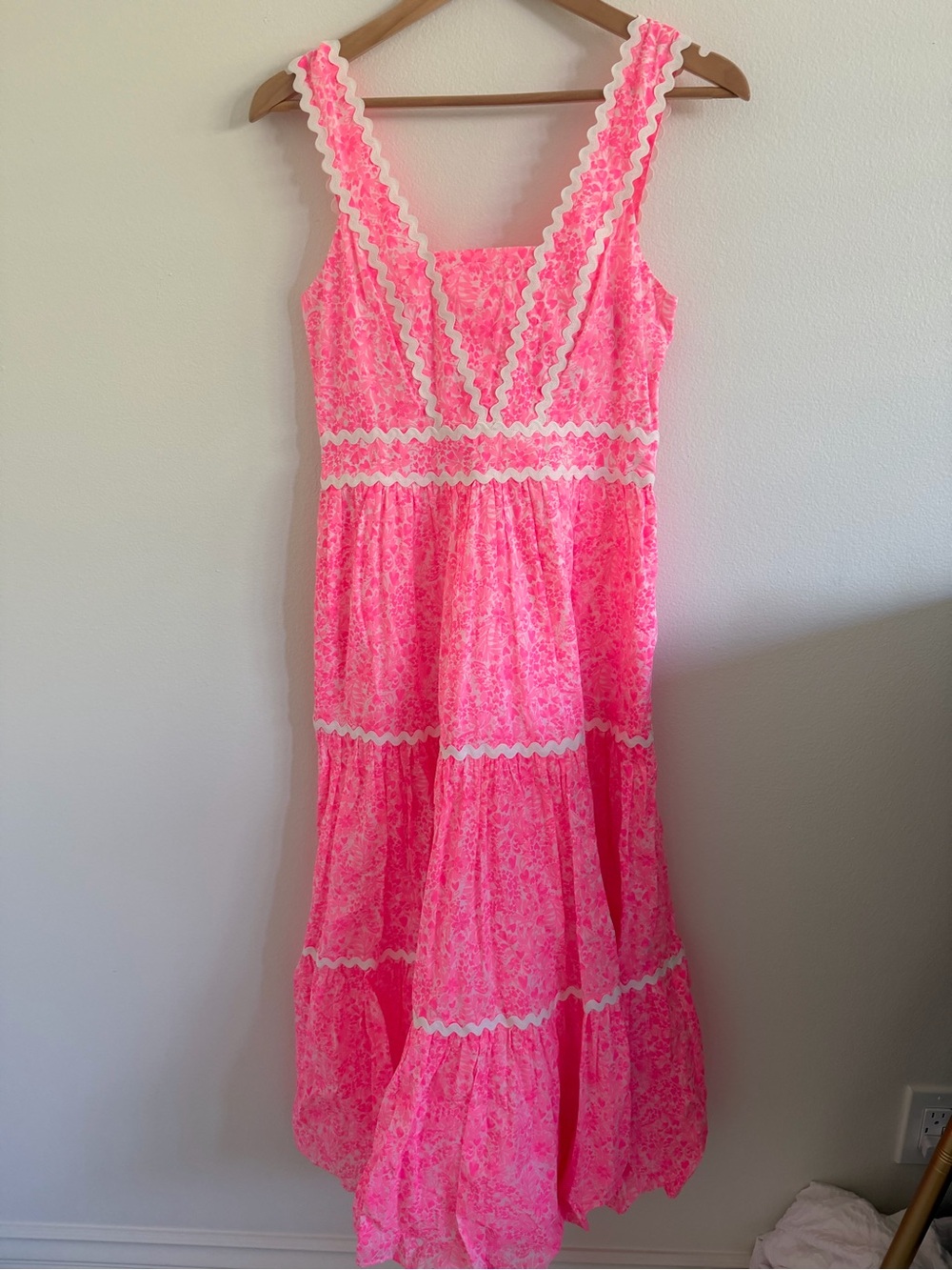Lilly Pulitzer Neon Pink Floral Maxi Dress with White Trim